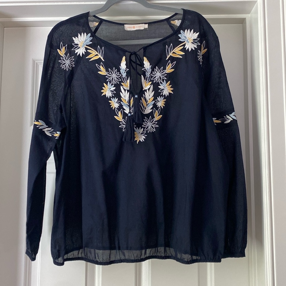 Tory Burch boho tassel tie embroidered blouse - size 14